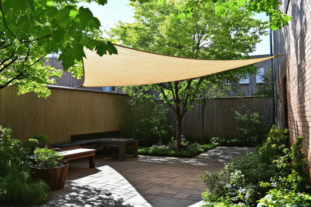 A fabric canopy in a backyard